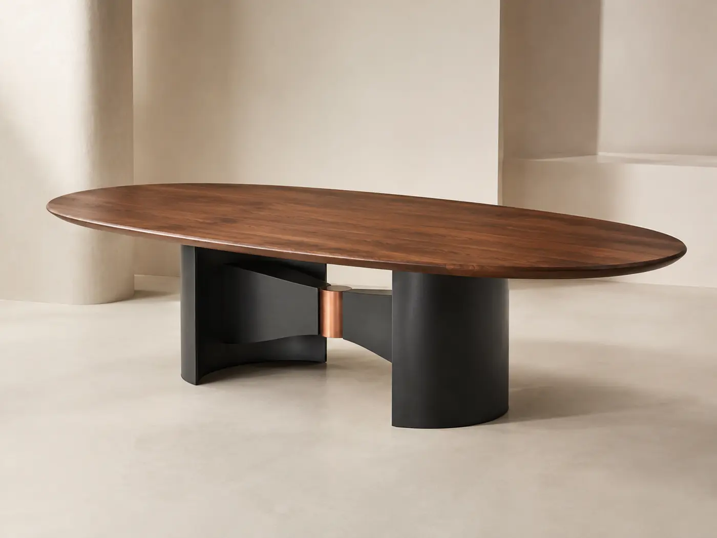 Contemporary meeting table with a warm walnut surface